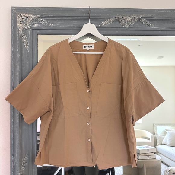 SECULAR Tops - SECULAR Oversized Cotton Tan V Neck Short Sleeve Button Down Shirt Minimalist M